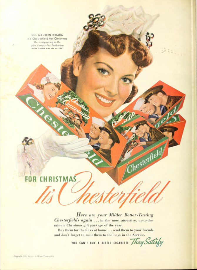 Nothing says health and prosperity quite like giving a carton of butts for a Christmas present. Hey, Maureen O'Hara is still hanging in there, isn't she? "Photoplay," December, 1942.
