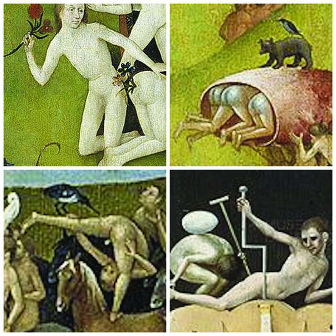 Bosch’s Garden of Earthly Delights is a veritable butt bonanza! Clockwise from upper left: butt bouquet (a rose in any other place would smell as sweet!), blue butts, early colonoscopy, bottom feeder.