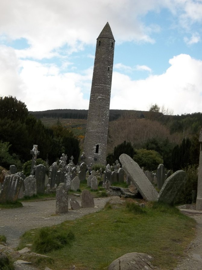 Glendalough's medieval round tower and graveyard. 