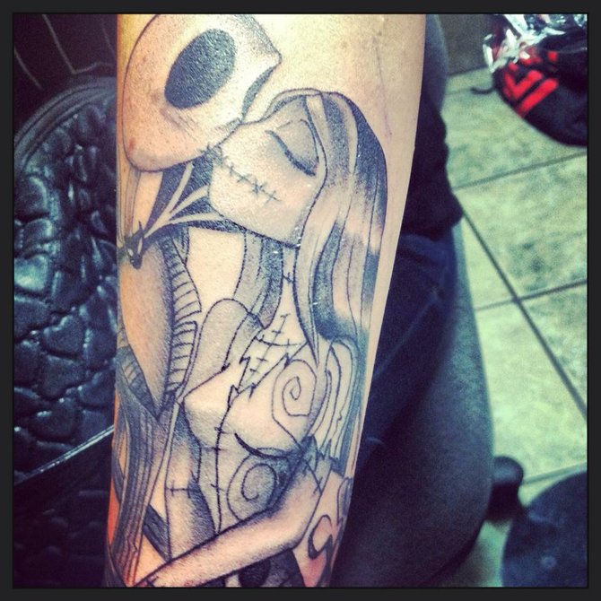 my tattoo of Jack & Sally represents a forbidden love. I got it done by the artist Javi "Cito" at the Ink Spot in Escondido CA