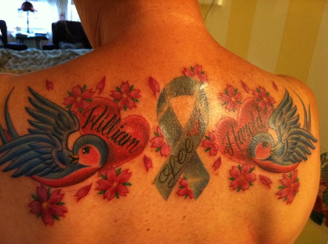 When my husband & I retired we got our 1st tattoos. They were done by Isaac Aguila. My tattoo started with the blue prostate cancer awareness ribbon. I wanted to get it & show support to my wonderful husband of 33 years. He is now a cancer  survivor. The bluebirds are for our two sons & my wish for a lifetime of happiness. I have to say getting the tattoos shocked our family & friends, but I have no regrets!