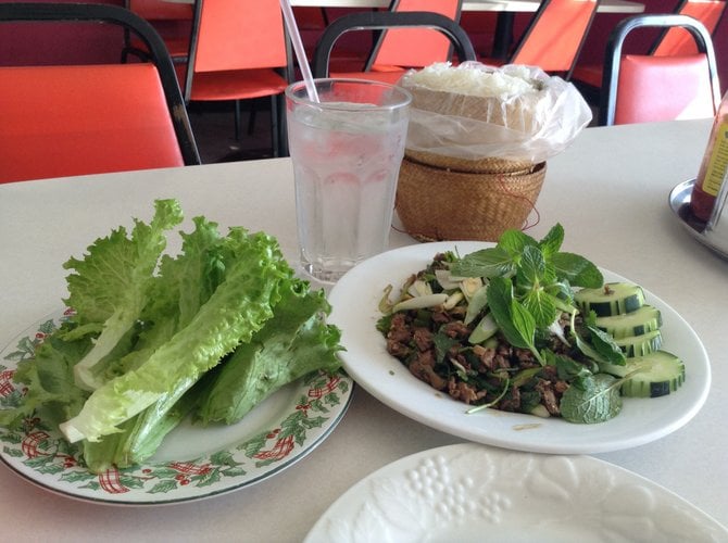 Larb, lettuce and the Khao Thip sticky rice basket