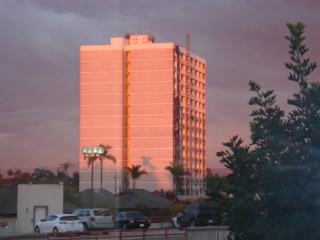 A sunset view of the monolithic Congregational Towers at 3rd and F Streets in Chula Vista, as seen from my 3rd floor window.