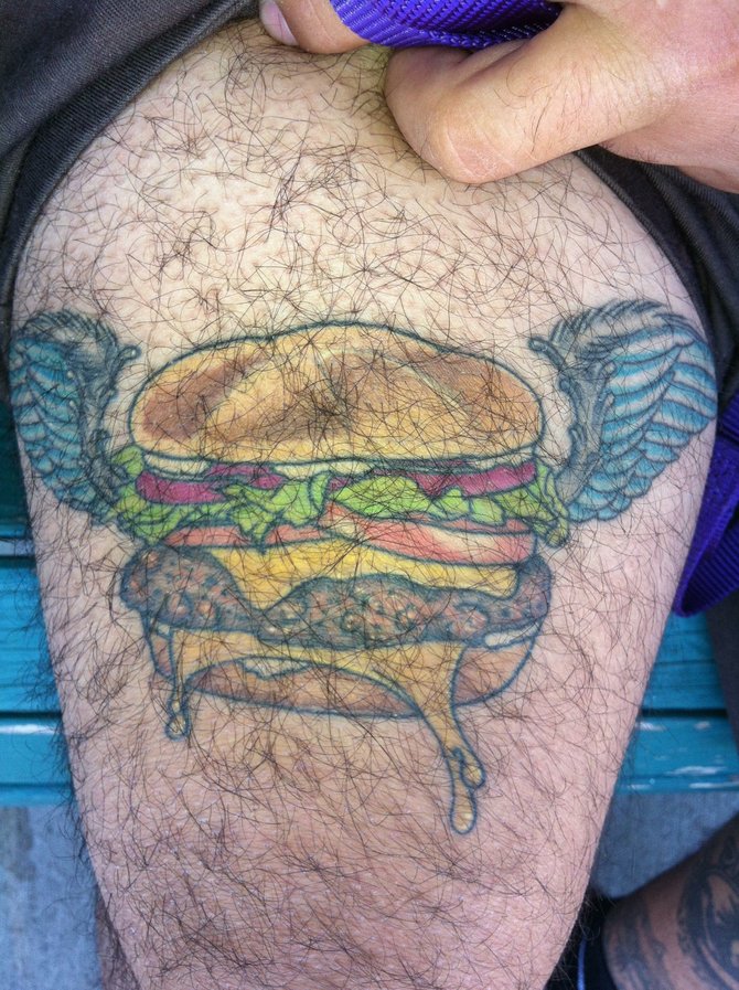This tattoo reminds me and represents my love for CHEESEBURGERS! 
Done by Dave Warshaw @ Avalon2 
Vince 30 Normal Heights 