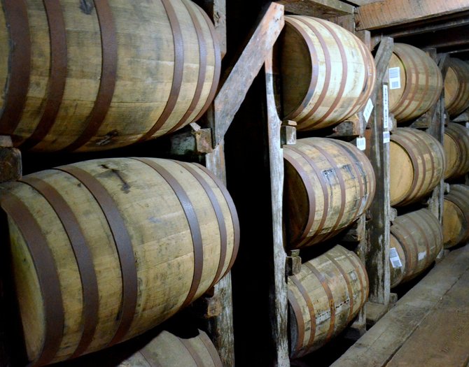 Kentucky bourbon aging in charred oak barrels. 