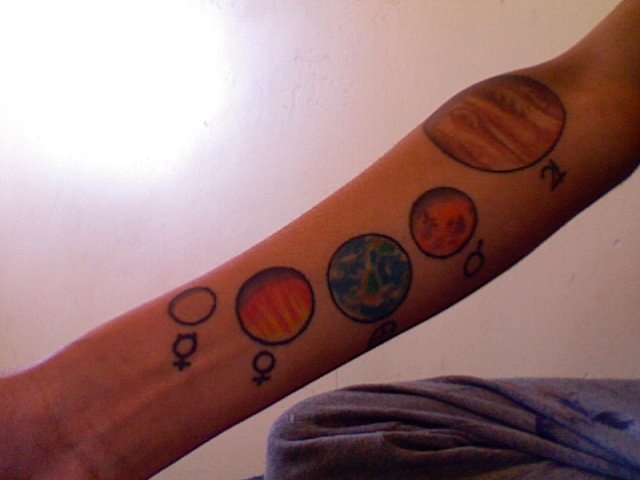 Mercury, Venus, Earth, Mars, Jupiter. Beside each one is the Greek symbol for the planet. Got them when I was 18, three years ago.