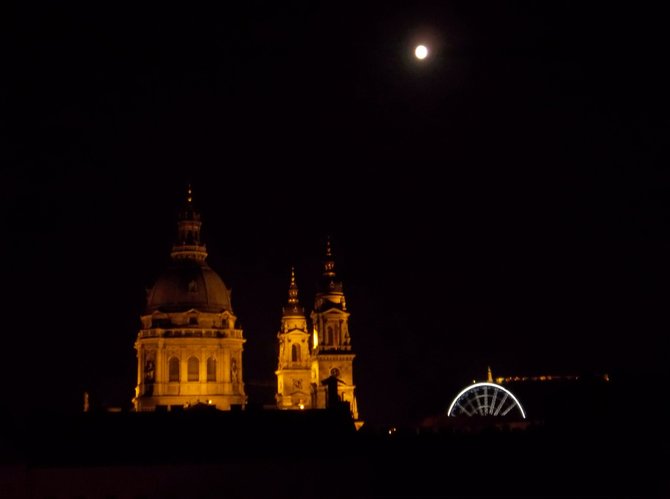Warm night in Budapest, looking out on St. Stephen's Basilica.  