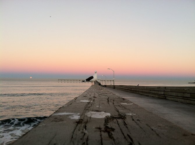 A full moon sets into the Pacific. A view from OB pier. 