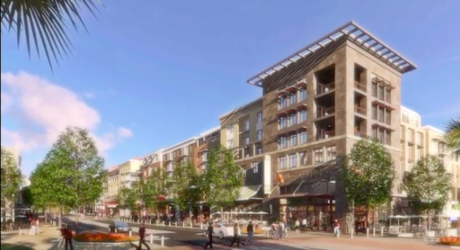 Architectural rendering of One Paseo's buildings along "Main Street"