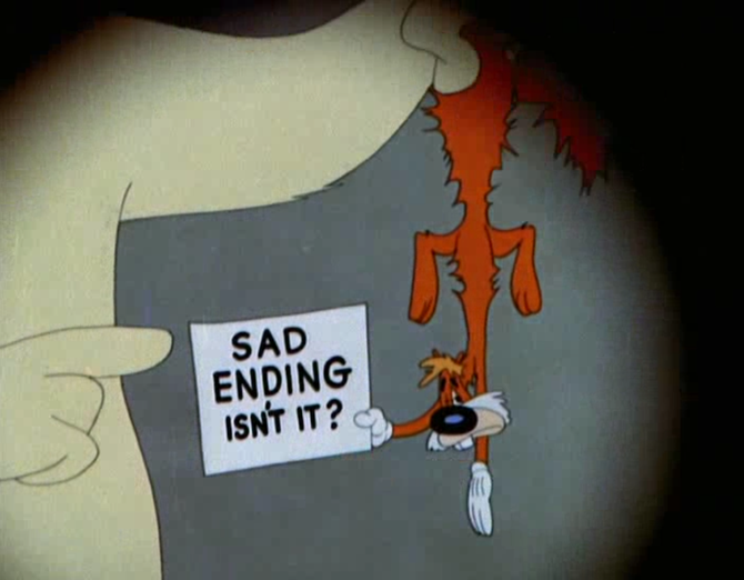 Beaten and left for dead, Screwy bids farewell in the curtain shot of his final cartoon, "Lonesome Lenny."  