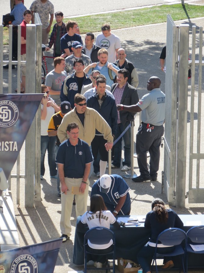 Candidates to sign up in front of home plate gate for a chance to become the new P.A. announcer for the San Diego Padres.