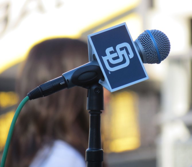 The microphone used for candidates to showcase their voices for everyone to hear inside Petco Park.