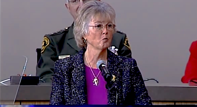 San Diego County Superannuated Supervisor Dianne Jacob stresses the need for senior services at this year's State of the County address.
