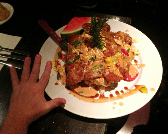 The schnitzel again; David's hand for scale