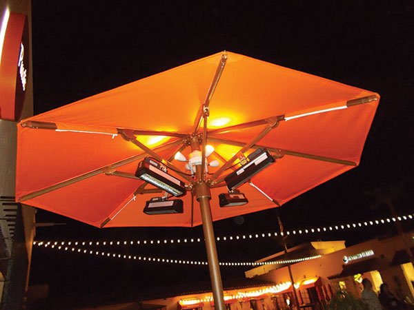 Heater-equipped umbrellas keep the night warm at Puesto
