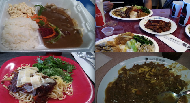 Clockwise from top left: hamburger steak plate at Dean's Drive Inn, meat jun at Gina's Korean BBQ, shabu shabu spicy curry with cheese at Coco Ichiban-ya Curry House, and short rib pasta at the Food Company Market and Cafe. 

