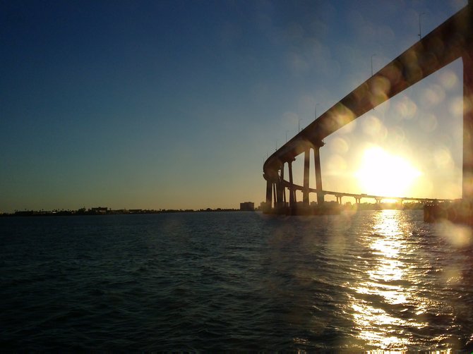 My son and I took a tour of the bay with this past Saturday, and I snapped a picture of the Coronado bridge as we went under it. No filters. I love San Diego!