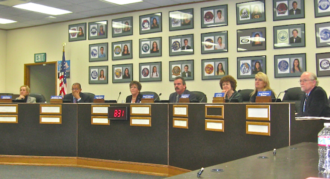 Members of the San Diego County Board of Education on the Sweetwater dais