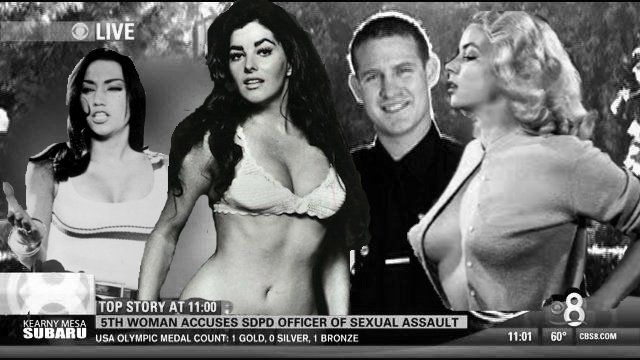 Officer Hays, pictured with three of his accusers, Chesty LaRue, Mamma Mia, and Vivian Vavoom.
