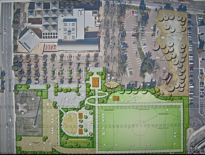 Design of park sited at corner of Orange and Fourth avenues