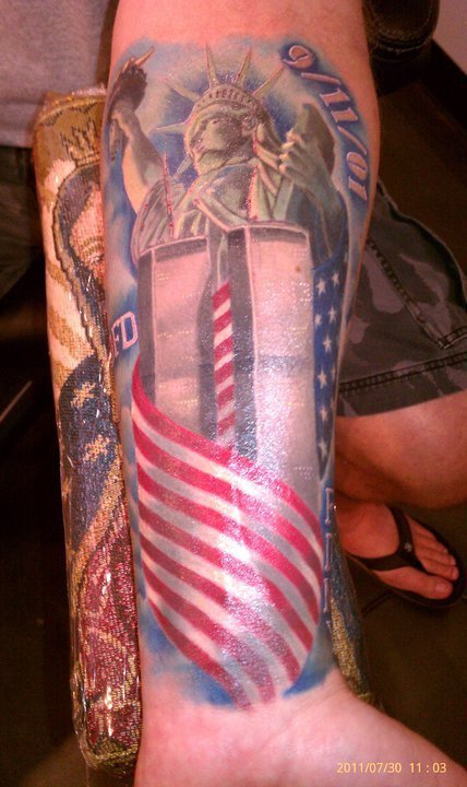 9/11. Billy K. Originally from NYC area. Have friends on FDNY. I will never, ever forget the 343 who made the ultimate sacrifice. Got it at Nittiis Tattoo in Mission Valley from Chase. An original design n one of a kind. I live in Tierrsanta and am a Firefighter with SDFD over 23 years..