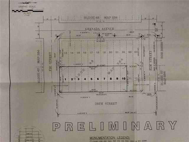 The five 28th St lots (shown on original plat map as 10 25-ft-wide lots, now merged into five). City-owned lots 11 and 12  on Elm St end.