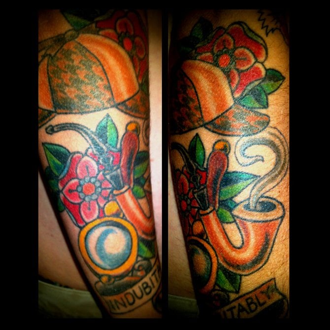 My Sherlock Holmes tattoo done by Chris Cockrill at Avalon on Adams. I spend way too much time reading, when I got this one I was halfway through the complete works of Sir Arthur Conan Doyle. Excellent read.

Chris kicks ass. Go see him.
- Joe