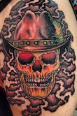 This is my first tattoo. This tattoo is honoring my grandfather and grandmother. My grandfather always wore a brown beat up hat and my grandmother loved frogs, maybe even obssessed. In their honor i wanted to combine them into a tattoo. The skull idea is me, because I like skulls... so do a lot of my other family. I am represented as the skull and they are the hat and frog and the message behind this tattoo is that they will be with me till the day I die. Also there was another challenge in this tattoo, i had scars that I hated and wanted them covered. If you look close you can still see the scars.