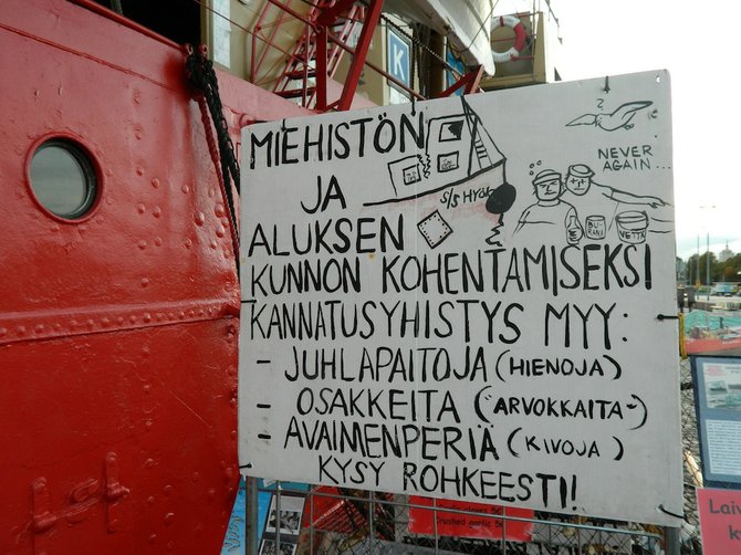 A sign at Lightship Helsinki, a 100-year-old mobile lighthouse that's now a bar and strange little museum in the harbor.