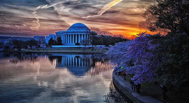 Sunrise at the Jefferson Memorial as photographers line up to get the best shot. 