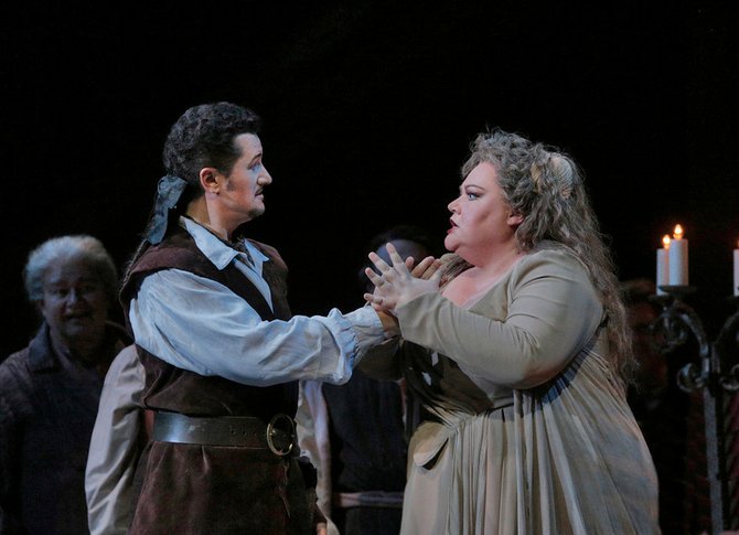Tenor Piotr Beczala (Gustav III) and mezzo-soprano Stephanie Blythe (Madame Arvidson) in San Diego Opera's A Masked Ball. March, 2014. - Image by Ken Howard