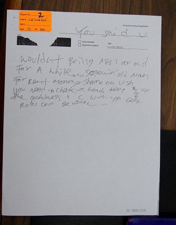 Evidence: copy of note allegedly left by the defendant. Photo by Eva