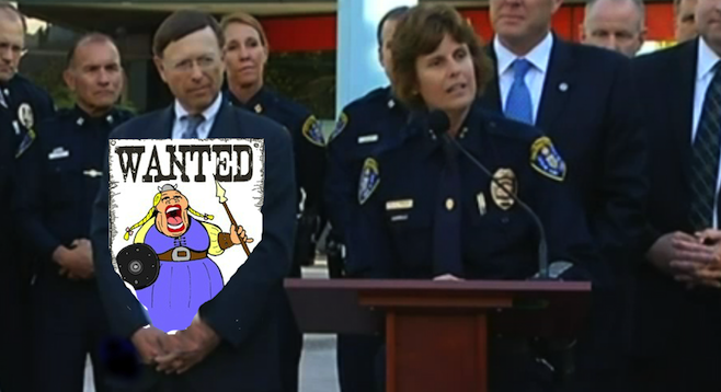 San Diego Police Chief Shelley Zimmerman fields questions from reporters while City Attorney Jan Goldsmith displays police sketch of suspect.