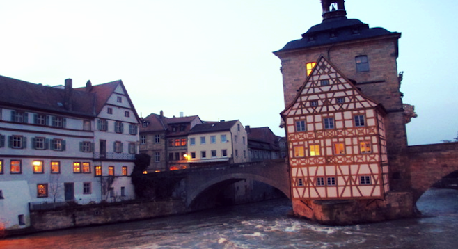 The Altes Rathaus, Bamberg's 14th-century town hall, on the River Regnitz.