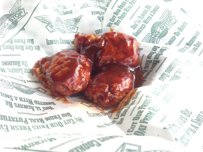 Boneless Wings, breaded, fried and smothered in BBQ sauce. Enjoyable enough if you ignore the warning signs from your body. Wing Stop.