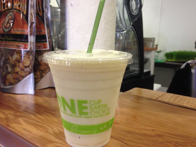 A 12oz Fruit Smoothie Number 06, with pineapple, coconut water and compostable cup; $5.50. Stehly Farms Market.