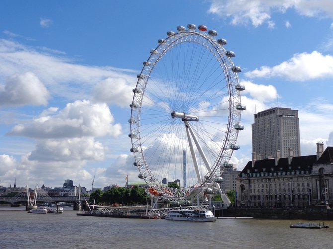 A nice picture of the London Eye on a beautiful, sunny day.