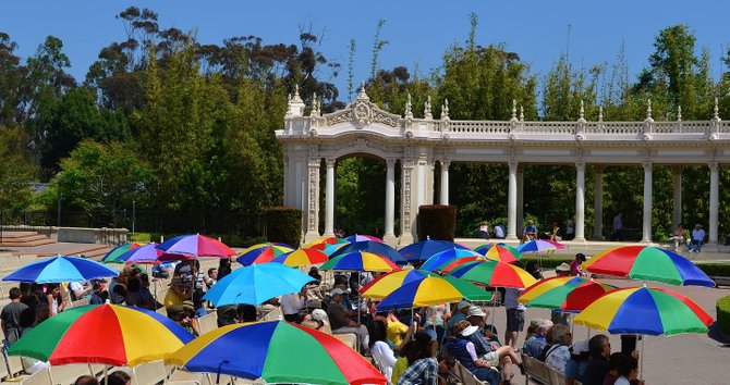 Umbrellas at Spreckels Organ Pavilion, Balboa Park, Easter Sunday 2014.  