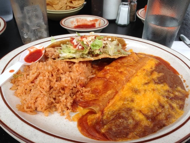 Ground beef taco and cheese enchilada combo