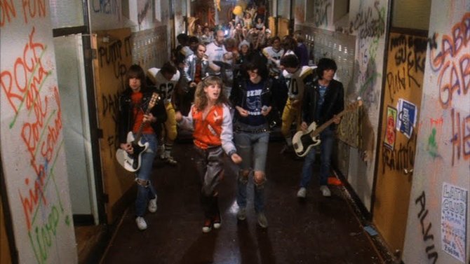 P.J. Soles leads The Ramones in Rock 'N' Roll High School