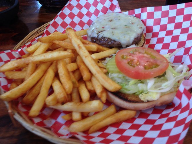 A surprisingly good burger with pepperjack. We won't talk about the fries. South Cali Steak Burger Bar.