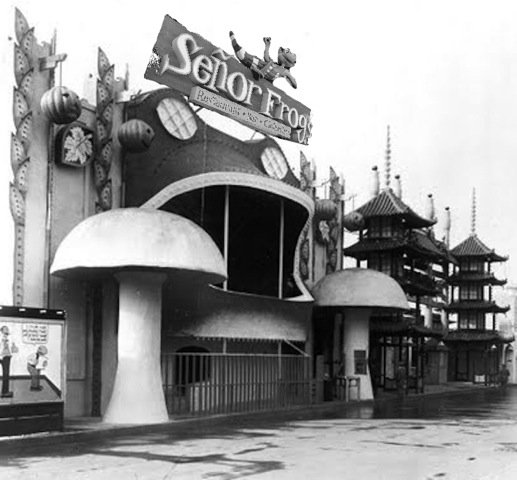 The original 1915 Toadstool attraction featured a spinning disc, set into the floor. Customers would stand on the disc, hold on to a bar, and see how long they could keep going before collapsing in a dizzy heap. Despite warnings, some contestants actually kept at it for so long that they became nauseous. Legal concerns prevent us from operating an attraction like that in 2015, but the exhibit structure proved a natural home for the popular Mexican bar-restaurant chain Senor Frog's. Many customers who visit Senor Frog's stand at the bar and see how long they can keep going. Eventually, everything starts spinning and they collapse in a dizzy heap — just like the original Toadstool! There are even some patrons who, despite warnings, keep at it for so long that they become nauseous.