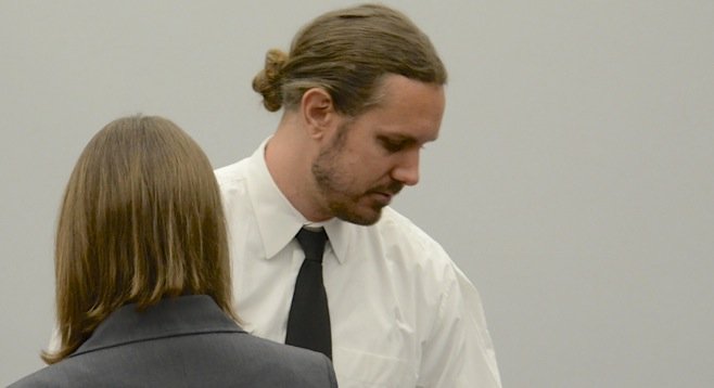 Tim Lambesis was in court less than a minute this morning. Photo by Bob Weatherston
