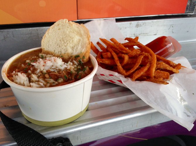 My gumbo and sweet potato fries from New Orleans Food Truck.