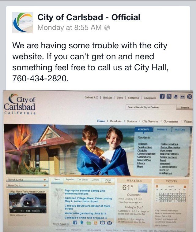 The City of Carlsbad's Facebook posting shows what the official website looked like before it went down last Friday.