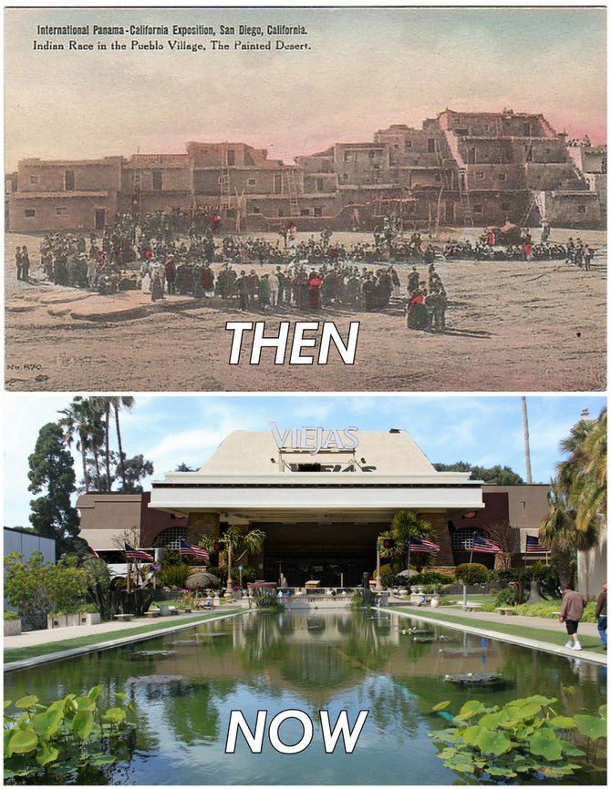 "The 1915 Exposition paid tribute to Native American culture by constructing a Pueblo Village replica, which housed real Indians! The Exposition also featured a gambling hall, which proved enormously popular. We've combined the two by constructing a Viejas casino replica, which profits real Indians! (We're pretty sure no one will miss The Botanical Building.)"