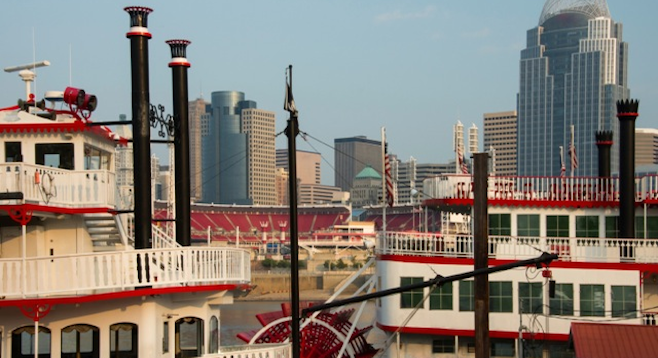 A view of Great American Ballpark between riverboats on the Ohio River.   stock photo