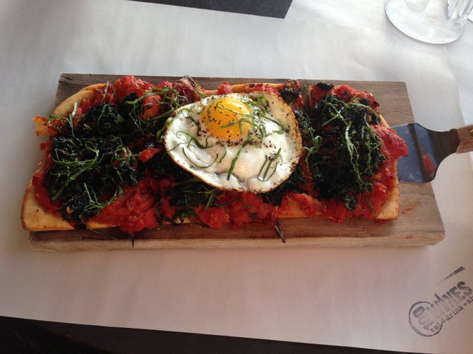 This tomato-kale flatbread pizza is not on the 100 Wines menu but the chef happily accommodated my wife's vegetarianism
