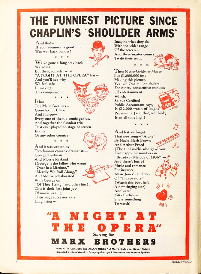 Trade ad for A NIGHT AT THE OPERA, "Hollywood," January, 1936.