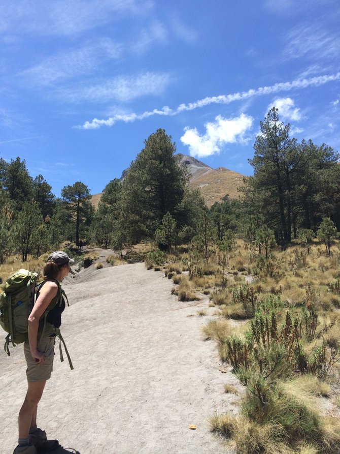 Nearing the tree line with La Malinche's Summit in the background.